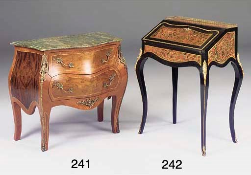 AN ORMOLU MOUNTED TULIPWOOD AND WALNUT BOMBE COMMODE