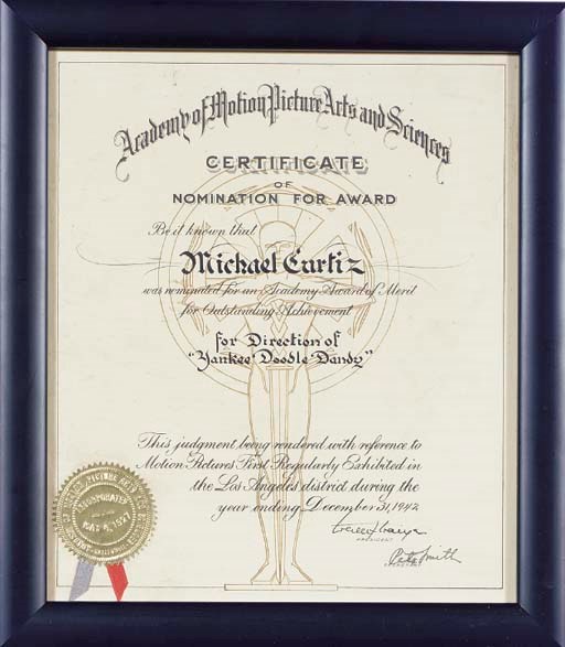 MICHAEL CURTIZ ACADEMY AWARD NOMINATION CERTIFICATE FOR "YANKEE DOODLE DANDY"