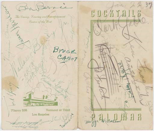 GRETA GARBO, JEAN HARLOW, FRANCES FARMER, CLARK GABLE AND OTHERS SIGNED MENU