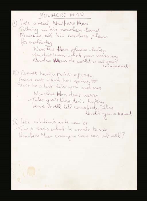 JOHN LENNON HANDWRITTEN LYRICS TO BEATLES' SONG 'NOWHERE MAN'