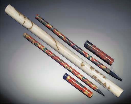 Two lacquered strip veneered polychrome bamboo brushes and covers, 19th/20th century