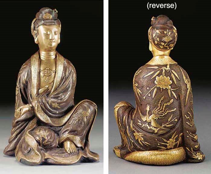 A repousse parcel-gilt copper chased model of Guanyin, 17th Century