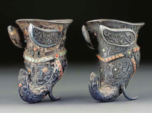 Two Mongolian embellished white metal metal rhyton cups, 20th Century