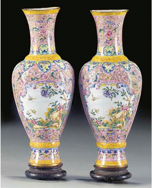 A pair of Canton enamel wall vases, 18th Century