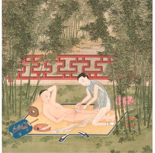 A pair of Chinese erotic paintings on silk, late 19th century