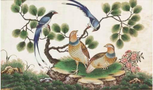 Three Chinese export paintings on ricepaper, 19th century