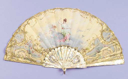 A fan signed Cecile Cheneviere, the leaf painted with a lady and cupid with doves and flowers hovering, either side with gauze inserts painted with daisies and poppies, the verso with poppies, the mother-of-pearl sticks gilt with trophies and cupids--9¾in. (25cm.), circa 1890, in Duvelleroy London box