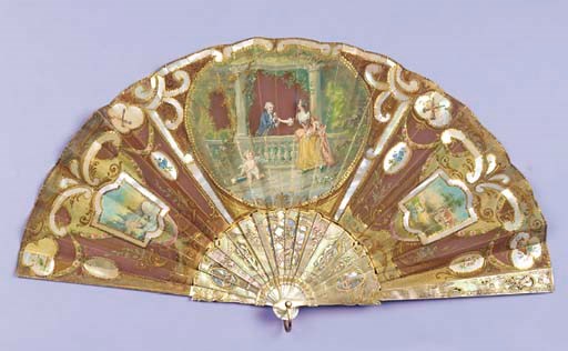 A double-sided fan, the brown gauze leaf applied with paper vignettes bordered by mother-of-pearl and spangles, painted with Cupid watching a young man offering a rose to his lover, the verso with the reverse of the scene, a cartouche to either side, one with a gondola on an Italianate river, the other with a pastoral scene, with mother-of-pearl sticks--9 5/8in. (24.5cm.), circa 1890, in Duvelleroy London box