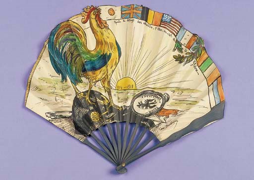 Après le déluge des atrocités, l'arc-en-ciel de la Gloire, a chromolithographic fan by Faucon, signed Cam' Boulanger, with a large French cockerel crowing on a German helmet, the rising sun in the distance inscribed 1914-1918, the upper leaf with a laurel wreath over a rainbow of flags--11in. (28cm.)