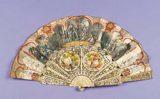 A chromolithographic fan, the leaf possibly depicting the Discovery of the Americas beneath Moorish architectural devices, with a central seated Columbus surrounded by attendants and Native Americans, to either side with scenes of a Native American discovering a European in an amorous embrace with another American and subsequently killing the European with an arrow, the verso stamped with bright flowers against a silver ground, signed T Meyer, the ivory sticks, carved, pierced, gilt and painted with groups of flowers--10½in. (26.5cm.), circa 1860