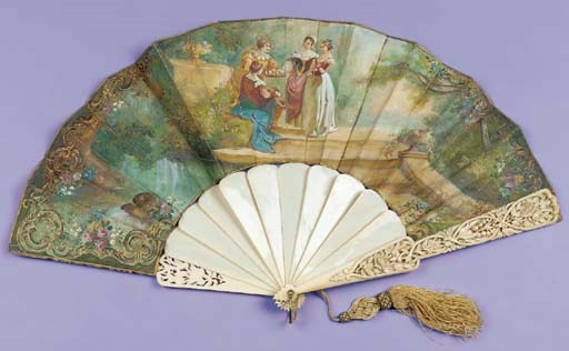 A fan signed I Gatzert, the leaf painted with a central group in medieval dress in a garden, with ivory sticks, the guardsticks carved with roses and lilies-of-the-valley in deep relief--12in. (30.5cm.), circa 1880