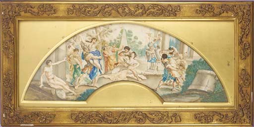 The Rape of the Sabine Women, a fan leaf painted with women struggling against Roman soldiers, with Romulus gesturing in the background--21¼in. (54cm.) wide, circa 1740, in gilt mount and frame