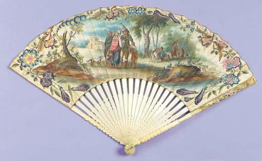 A fan, the leaf painted with a riverside scene of a group of figures: a hunter, children and figures in Ottoman dress in the foreground, others cooking over a fire in the background, all within a floral border, the verso with a goat, piper, child and a woman with a basket of flowers in a wooded landscape, with carved ivory sticks, the guardsticks carved, gilt and painted with shells, baskets and flowers--10½in. (27cm.), English, circa 1740, in contemporary papier maché box, restoration to verso