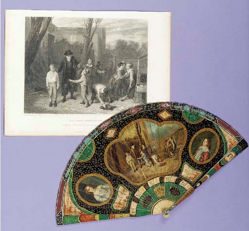 The Fight Interrupted, an ivory brise fan, painted and varnished, the recto with a central vignette with a schoolyard scene, flanked by two portrait miniatures, the verso with a lakeside scene with mountains in the background, the guardstick painted with a portrait--8½in. (21.5cm.), late 19th century