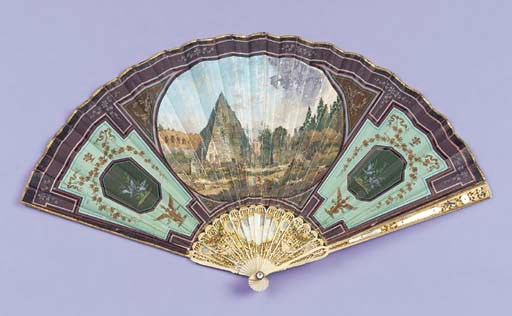 A Grand Tour fan, the chickenskin leaf painted with a large central vignette, possibly of the Tomb of Cecilia Metalla in Rome, shouldered by two small vignettes painted with doves en grisaille, the verso with sprays of flowers, the ivory sticks carved, pierced, painted and gilt--8in. (20cm.), circa 1810