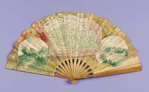 Eventail Cycliste, a chromolithographic fan, the recto with a map of the Bois de Boulogne with a vignette either side Vue de Bagatelle and Vue du Louvre, the ground printed with carnations and honeysuckle, the verso printed with a map of Paris and a cyclist's map of Paris suburbs, engraved by Léon Pouillot, printed by Atelier Hugo D'Alesi, 5 Place Pigalle, with wooden sticks--9¾in. (24.5cm.), circa 1905