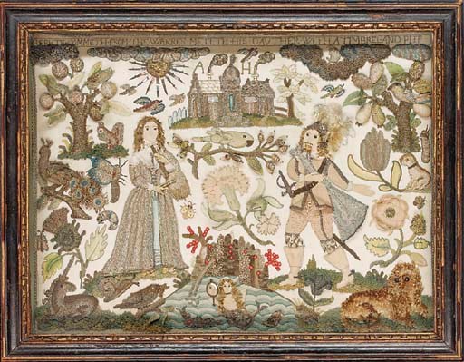 A very fine needlework cushion, of ivory satin worked in coloured silks, metal thread and purl, chenille, seed pearls, coral and mica, the upper edge with the inscription Iepthe Commeth From the Warres Meteth His Dauther With A Timbrel and Pipe, with a central depiciton of Jepthah with semi-detached warrior's robes and his daughter with drum and pipe, the foreground with a mermaid admiring her reflection in a mirror, the upperground with initials A H, the rest of the field with castle, trees, peacock, thistle, rose, hound, lion, unicorn, birds, flowers, sun and clouds, much in raised work--12 x 15½in. (30.5 x 39cm.), mid 17th century, in case with key