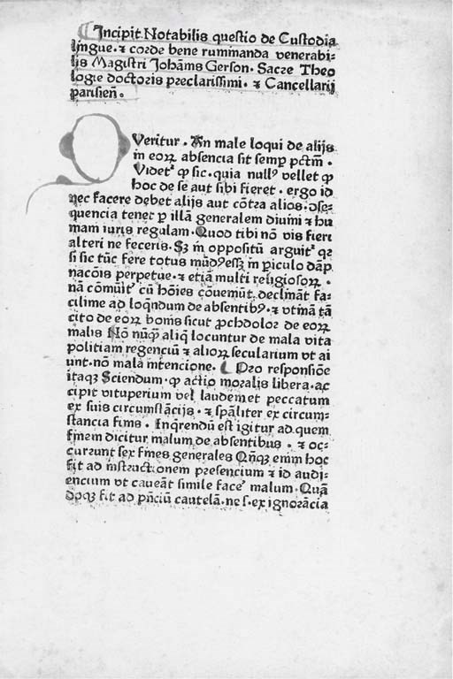 GERSON, Johannes (1362-?1428). De custodia linguae et corde bene ruminanda. [Speier: Johann and Conrad Hist, c.1483.]