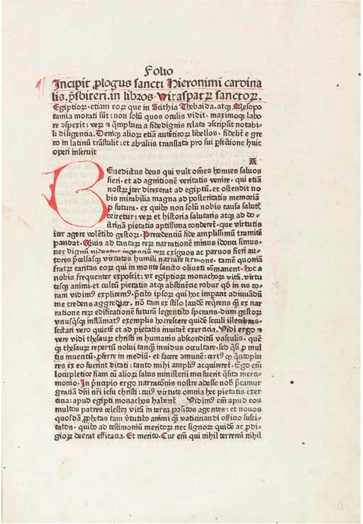 HIERONYMUS (Saint, c.340-420). Vitae sanctorum patrum, sive Vitas patrum. Ulm: Johann Zainer, [c.1478-80].