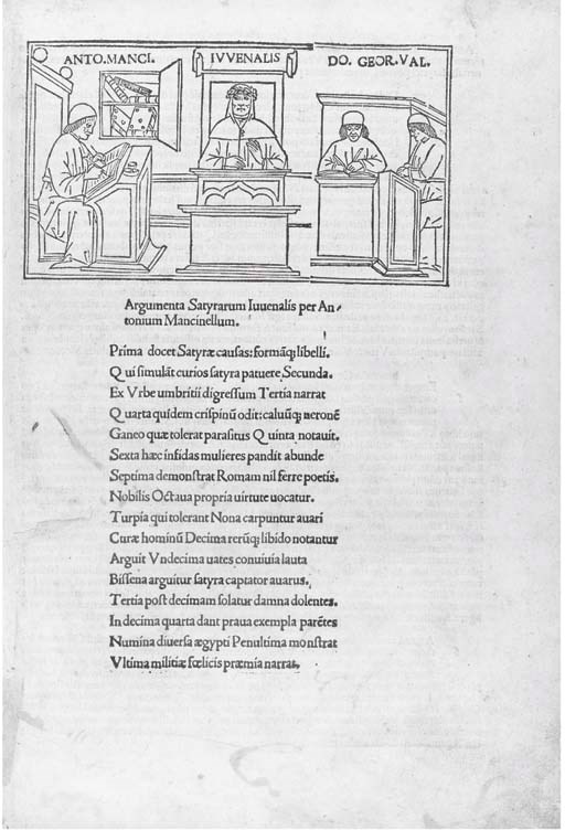 JUVENALIS, Decimus Junius (60-140). Satyrae. Commentary by Antonius Mancinellus, Domitius Calderinus, and Georgius Valla. Venice: Joannes Tacuinus, de Tridino, 28 January 1.