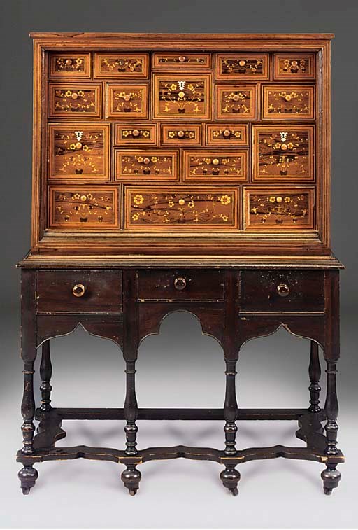 AN ITALIAN WALNUT AND MARQUETRY INLAID CABINET ON LATER STAND