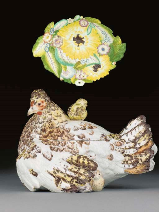A Chelsea 'Hen and Chickens' tureen, cover and stand