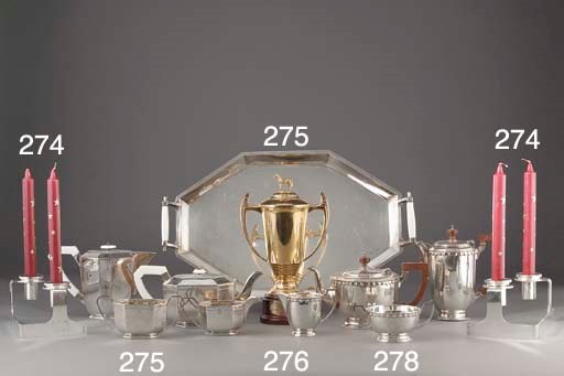 A Set of Six Modern Silver Two-Light Candleabra