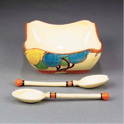AN AUTUMN SALAD BOWL AND A PAIR OF SERVERS