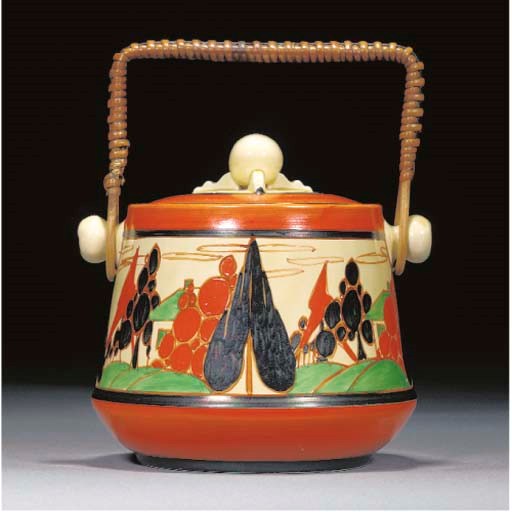 A RED TREES AND HOUSE BISCUIT BARREL AND COVER