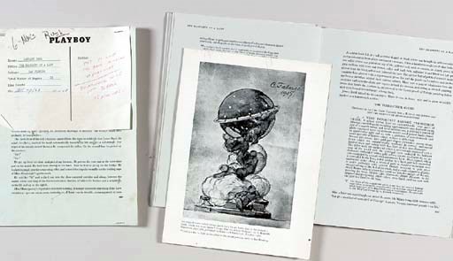 FLEMING, Ian (1908-1964).  "The Property of a Lady."  Published sheets, taken from The Ivory Hammer. The Year at Sotheby's, 1962-1963 (see below), for the story that appeared in Playboy, January 1964. Together 15 pages, 4to, letterpress type on heavy gray laid paper, watermarked Abbey Hills Greenfield, with editorial corrections throughout. -- Another set of advance proof sheets for the story. Together 15 bifolia, printed on one side only on heavy gray laid paper, watermarked Glastonbury. TITLED BY FLEMING ON FIRST RECTO IN BLUE INK: "THE PROPERTY OF A LADY BY IAN FLEMING."  Accompanying illustration (also from The Ivory Hammer) for the story attached.