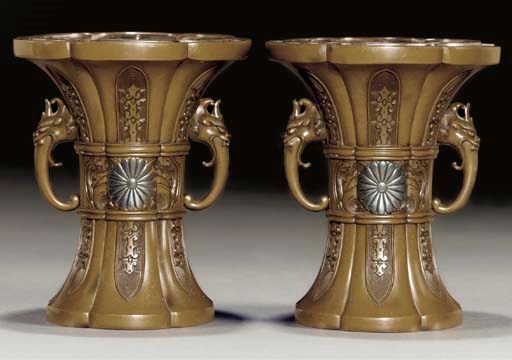 A pair of Japanese bronze vases, Meiji period