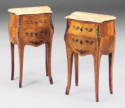 A PAIR OF SMALL ORMOLU MOUNTED TULIPWOOD COMMODES