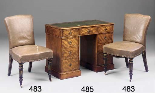 A SET OF MID VICTORIAN LEATHER UPHOLSTERED EBONISED AND PARCEL GILT SALON CHAIRS