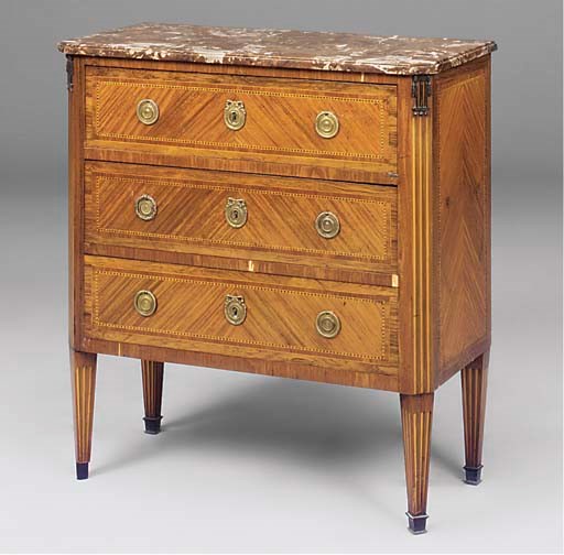 A FRENCH ORMOLU MOUNTED TULIPWOOD, KINGWOOD AND MARQUETRY COMMODE