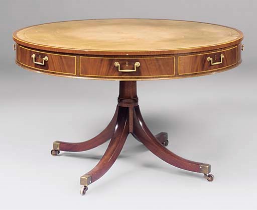 A MAHOGANY AND SATINWOOD DRUM TABLE