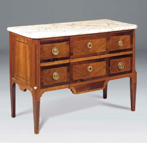 A WALNUT AND INLAID MARBLE TOP COMMODE