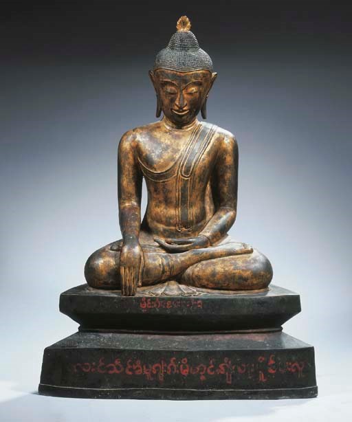 a large burmese, shan style, gilt-bronze figure of buddha sakyamuni
