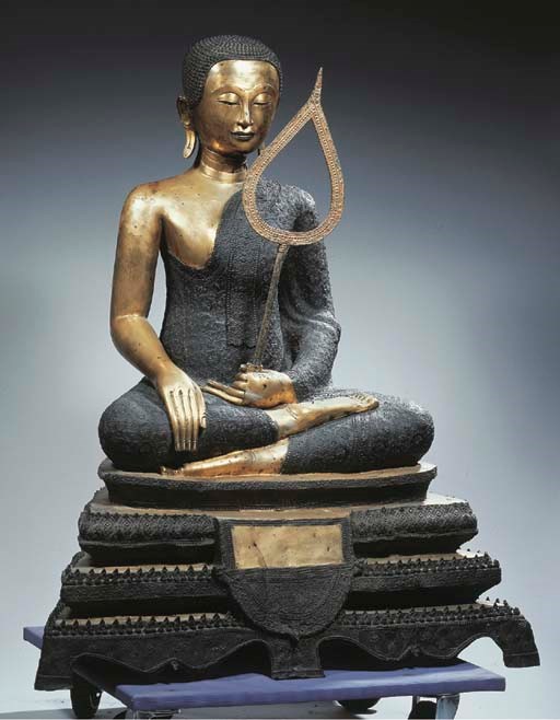 a thai, ratnakosin period, parcel-gilt bronze figure of a monk