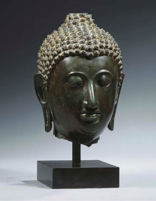 a thai, sukhothai style, bronze head of buddha sakyamuni