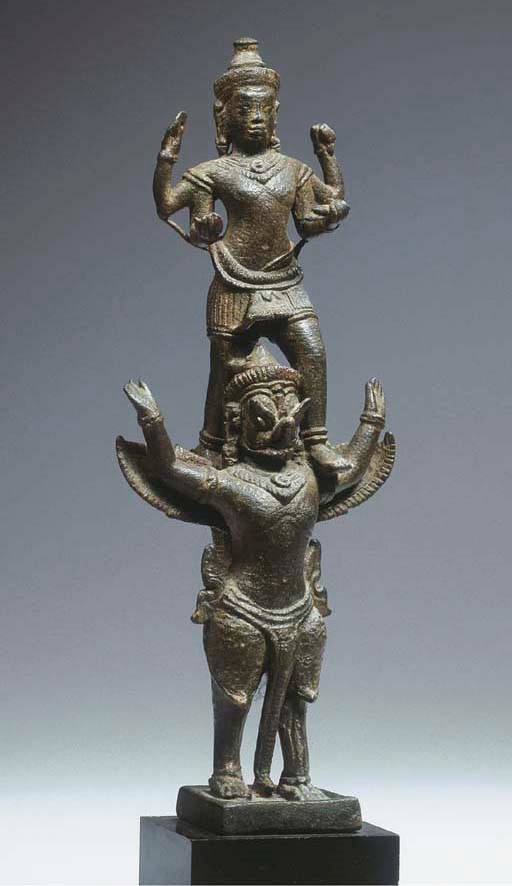 a khmer, angkor vat style, bronze group of vishnu and garuda