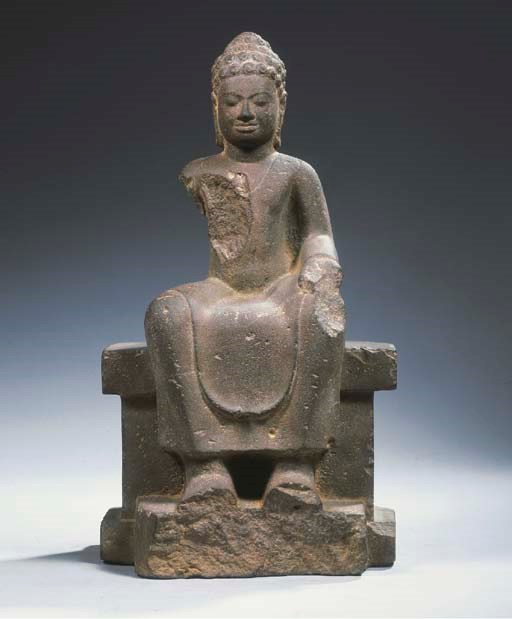 a pre-angkor, angkor borei style, sandstone figue of buddha sakyamuni