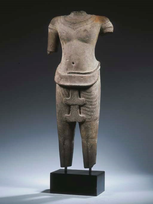 a khmer, angkor vat style, sandstone male torso