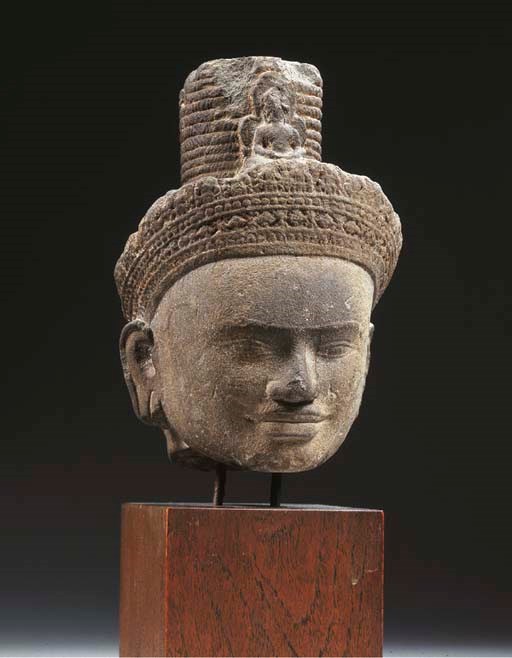 a khmer, pre rup style, sandstone head of lokeshvara
