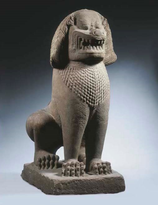 a large khmer, angkor vat style, sandstone lion