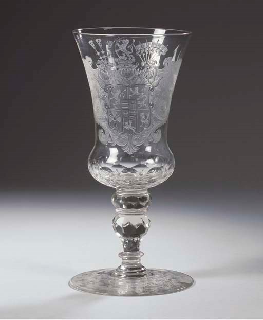 A German engraved faceted ducal armorial goblet