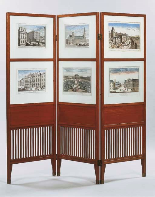 A German mahogany three-leaf screen