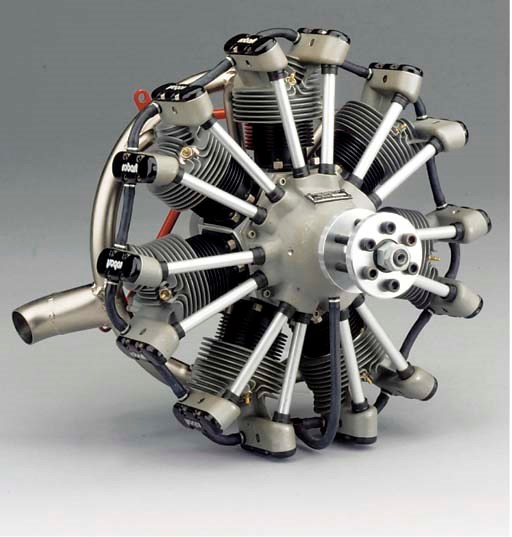 A fine seven cylinder air cooled glow plug radial engine,