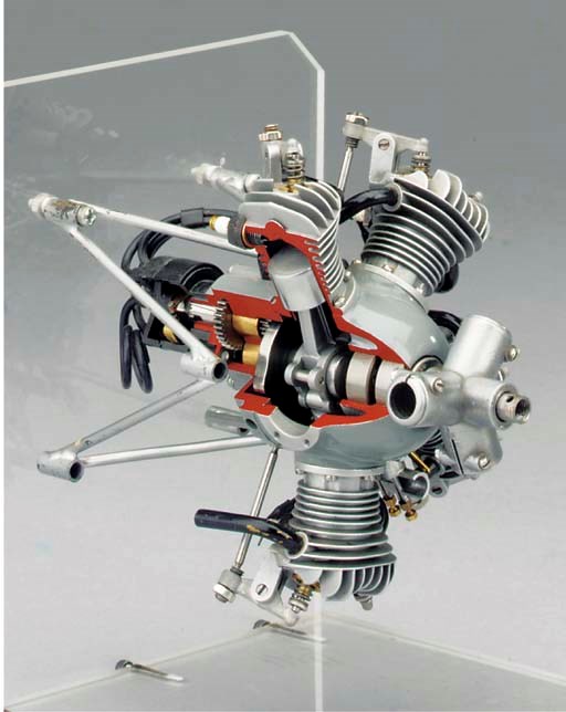 A fine "cutaway" display model of a Morton M5 five cylinder radial engine,