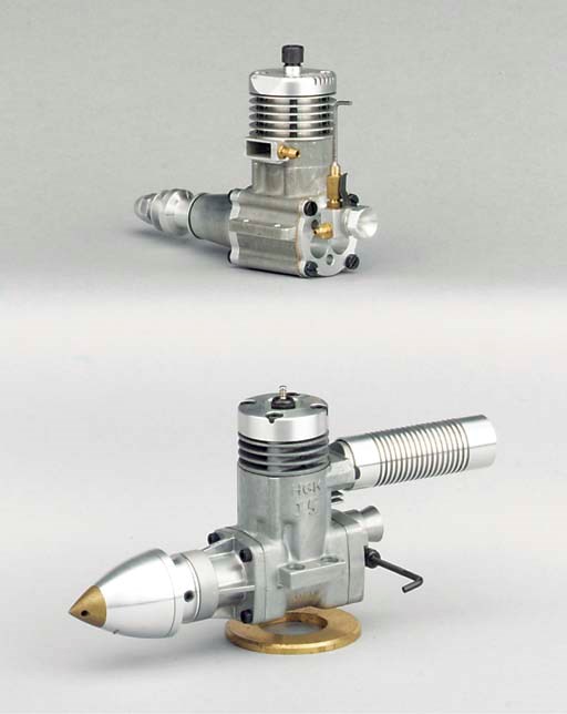 An HGK 15 2.5cc glow plug racing engine of circa 1984, Japan,