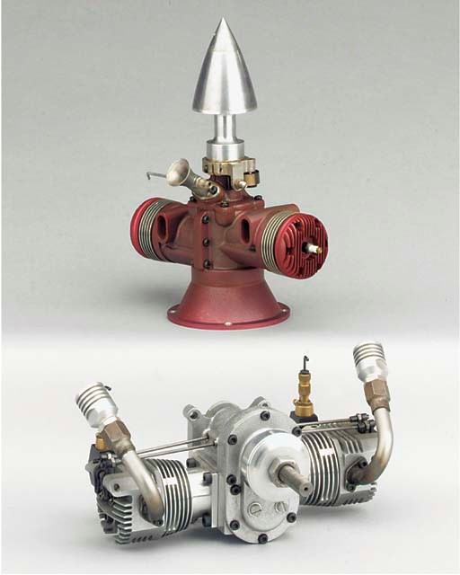 A horizontally opposed twin cylinder glow plug engine,
